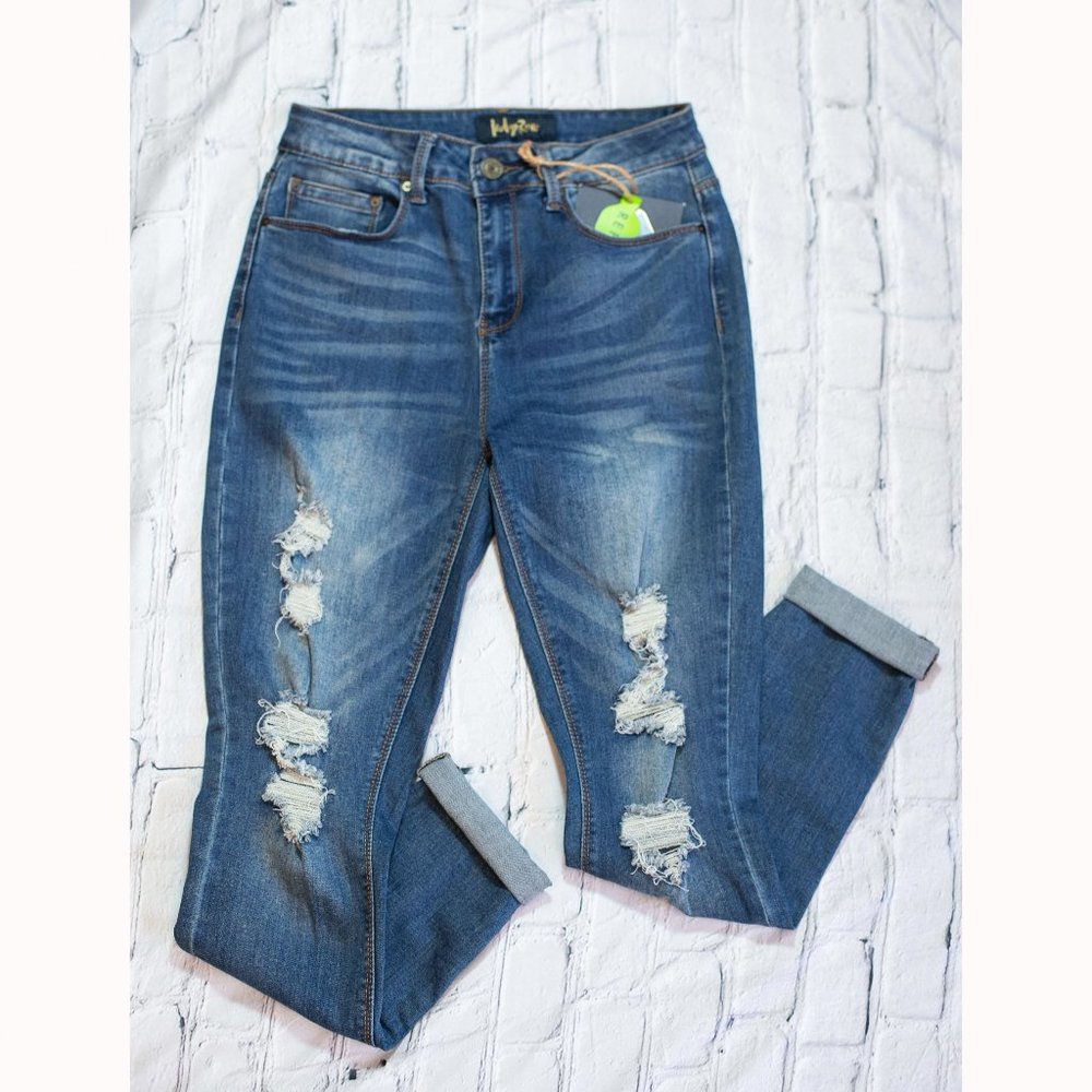 INDIGO REIN Juniors Ripped Skinny Roll Cuff Jeans Size 9/28